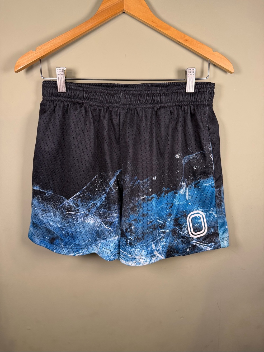 Overtime Splash Men's Athletic Mesh Shorts in Black with Blue Graphic